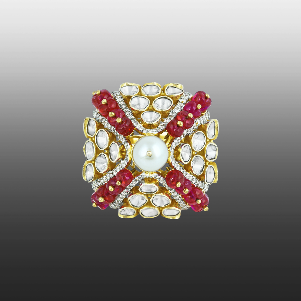 Bold Polki Ring with Central Pearl, Red Beads, and Uncut Diamonds